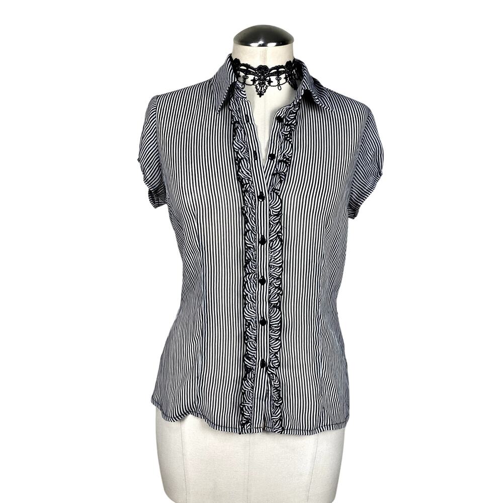 Y2K Style XXI Sheer Button Down Ruffle Stripe Office Siren Goth Twee Blouse Sz S